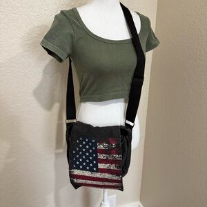 Robin Ruth Distressed USA Flag Messenger Cross Body Canvas Bag Charcoal Color